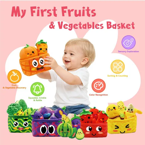 Miniatura 3 de Comida de juguete para niños pequeños de 1 a 3 años, cesta de frutas y verduras, sonajero de clasificación de color, juego de comida chirriante