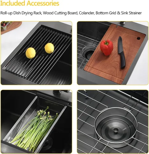Miniatura 6 de Luckyhorse LH008SZ - Fregadero de cocina negro de 28 x 22 pulgadas con caída en la parte superior, estación de trabajo, fregadero de cocina