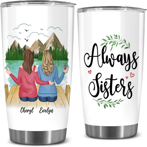 Miniatura 9 de WHIDOBE Vaso personalizado para hermana (2 mujeres) personalizado de 20 onzas con avatar, nombre – Taza de viaje para mejor amiga, regalo de amistad