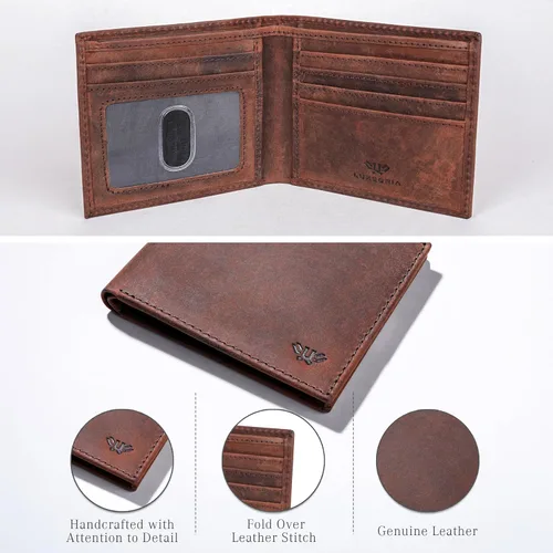 Miniatura 7 de LUXEORIA Billetera de cuero genuino de grano completo para hombre, cartera de viaje hecha a mano, billetera minimalista y plegable para hombre