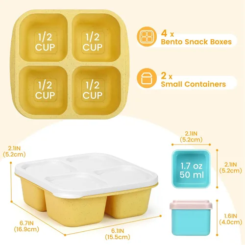 Miniatura 5 de Caperci Recipientes para aperitivos con 4 compartimentos (paquete de 4) con 2 tazas de salsa a prueba de fugas, recipientes divididos reutilizables