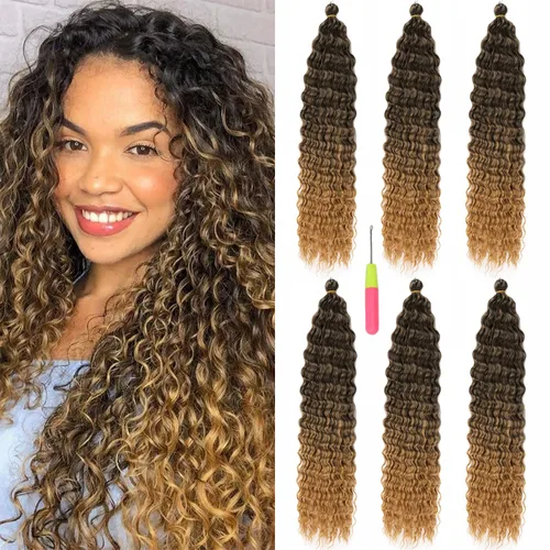 Miniatura 17 de MAYSA Extensiones de cabello sintético de ganchillo con ondas oceánicas, color 4 marrón, 22 pulgadas, rizado trenzado, extensiones de cabello