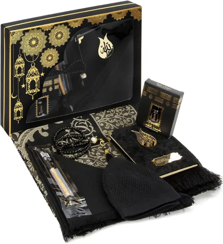 Caja de regalo de oración ihvan online para Hajj y Umrah, alfombra de oración musulmana, tapete islámico, cuentas Tesbih, libro de Yaseen, Miswak,