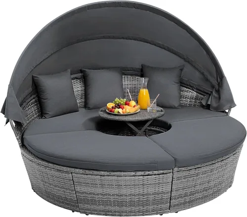 Miniatura 14 de HAPPYGRILL Sofá cama al aire libre con toldo, sofá modular de mimbre de ratán con mesa auxiliar, cojines, juego de conversación de patio para Gris