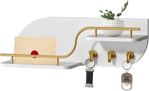 Miniatura 10 de Soporte para llaves de pared, organizador decorativo de llaves y correo con 3 ganchos de metal y 2 estantes, estante de llaves de madera montado