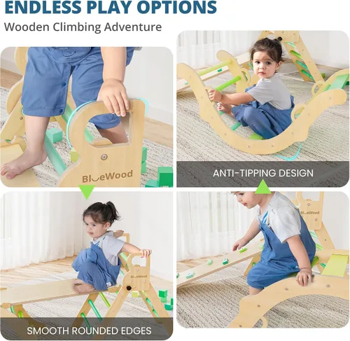 Miniatura 4 de BlueWood Conjunto de Triángulo Pikler, Juguetes de Escalada de Madera para Niños Pequeños para Interiores 7 en 1 Escalador Plegable para Niños