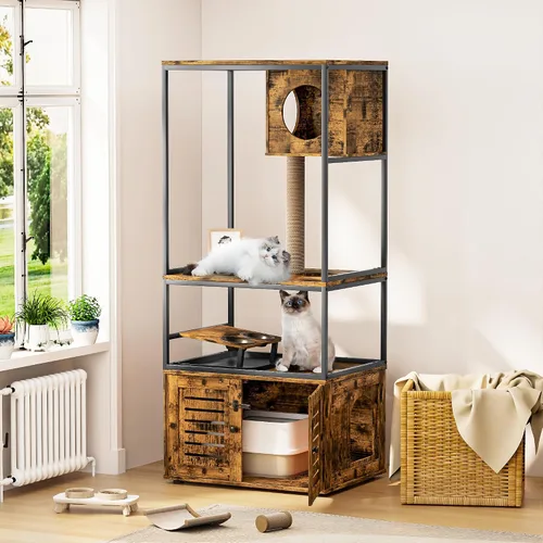 Lamerge Árbol para gatos con caja de arena, caja de arena grande todo en 1, condominio para gatos con postes rascadores y cuenco de alimentación