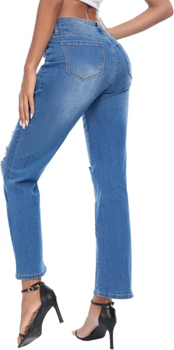 Miniatura 3 de Jeans para mujer, rasgados de cintura media, jeans estilo boyfriend, pierna recta, elásticos, desgastados, jeans para mamá con agujero