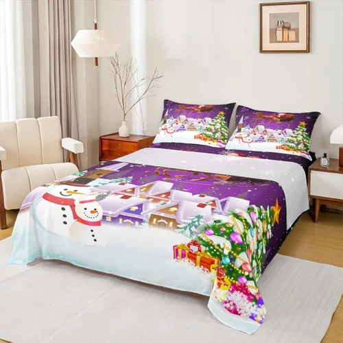 Manfei juego de sábanas de Navidad tamaño completo, juego de ropa de cama con árbol de Navidad en forma de muñeco de nieve para la decoración de la
