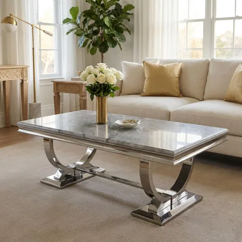 Miniatura 6 de Asday Mesa de centro plateada, mesa rectangular gris para sala de estar con base en U de metal espejo plateado, mesa de centro para sala de estar