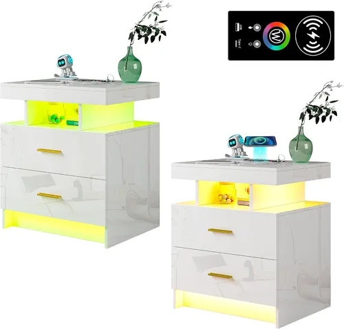 WOOVIVS Juego de 2 mesitas de noche con estación de carga USB/tipo C/inalámbrica, mesitas de noche blancas con luces LED RGB automáticas, juego de 2