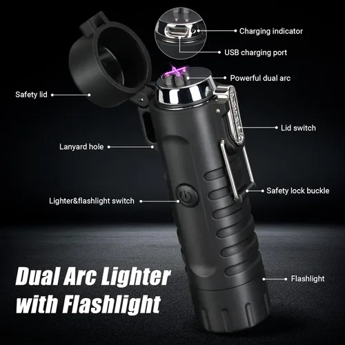 Miniatura 2 de Scotte Encendedor de arco de plasma resistente al viento, encendedor eléctrico y linterna LED - 2 en 1 (negro)/iniciador de fuego de magnesio 5 en 1