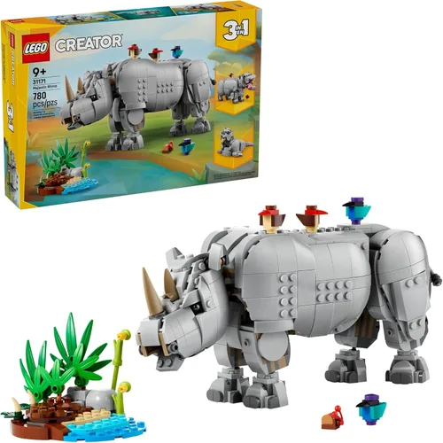 LEGO Creator 3 en 1 Wild Animals: Majestic Rinoceronte con pájaros Juguetes de construcción para niños - Juguetes de simulación Safari para niñas y