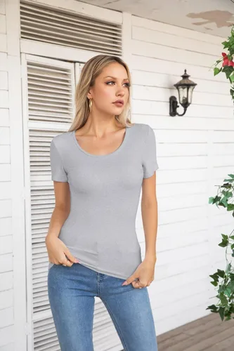 Miniatura 2 de VICHYIE Camisas de verano para mujer, cuello redondo, manga corta, acanaladas, ajustadas, casuales, básicas