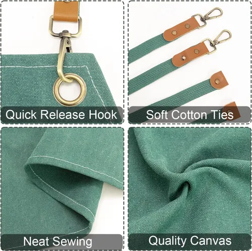 Miniatura 5 de Delantal para hombres y mujeres con bolsillos, lona de algodón, espalda cruzada, resistente, ajustable, delantal de trabajo Verde