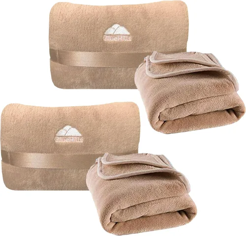 BlueHills Paquete de 2 Mini Mantas de Viaje de Felpa Suave Premium, Almohada, Esenciales de Avión para Dos en Bolsa, Viaje en Vuelo, Mantas de Avión