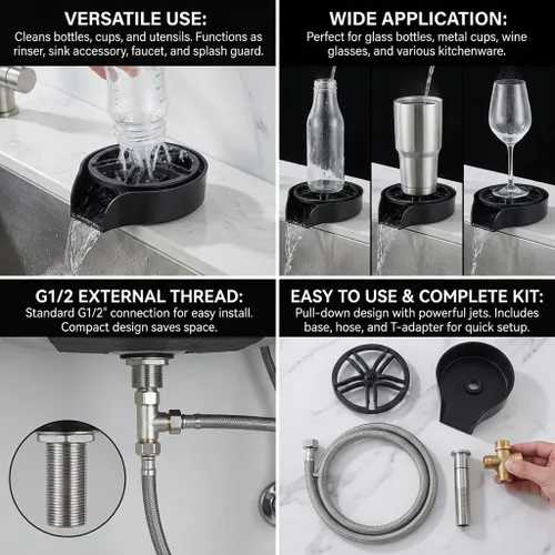 Miniatura 7 de POCREATION Lavadora automática de vidrio, accesorio de fregadero de boquilla giratoria de 360 grados, lavadora de botellas de acero inoxidable