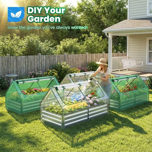 Miniatura 7 de Quictent juego de cama de cultivo elevada y galvanizada con cubierta de metal, con 2 ventanas, pequeño invernadero, con 20 etiquetas y guantes