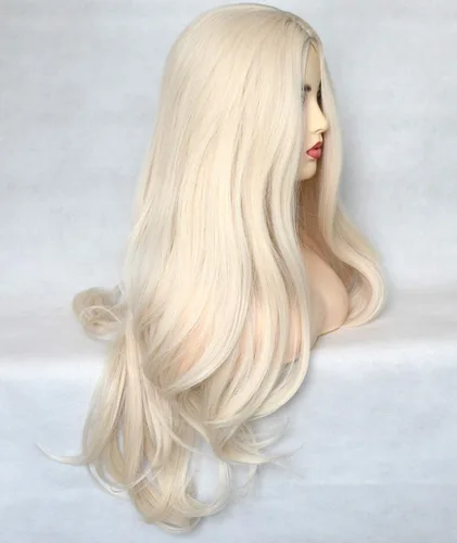 Miniatura 3 de Peluca de cabello sintético rubio platino 60# de 13 x 4 x 1 con encaje frontal en T, largo natural, resistente al calor, pelucas de repuesto