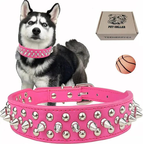 TEEMERRYCA - Collares ajustables de piel sintética con púas punzantes para perros, con pelota chillona de regalo, para mascotas pequeñas, medianas y