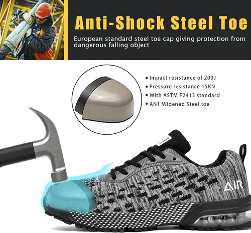 Miniatura 2 de HiHatide - Zapatos con punta de acero para hombre, zapatos de trabajo, zapatos de seguridad, con amortiguación de aire, ligeros, antideslizantes