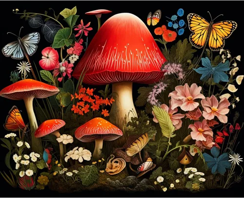 Kits de pintura de bosque de hongos para adultos, pintura natural por números para adultos sobre lienzo, flores, pintura al óleo, arte acrílico para