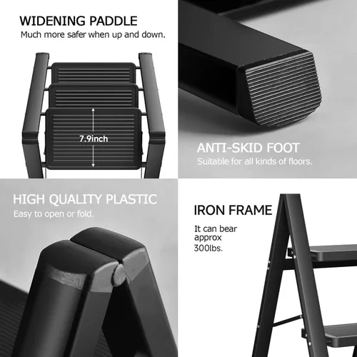 Miniatura 6 de SOLADDER Escalera plegable de 3 escalones, taburete pequeño para adultos, escalera de hierro antideslizante portátil con pedales anchos para uso