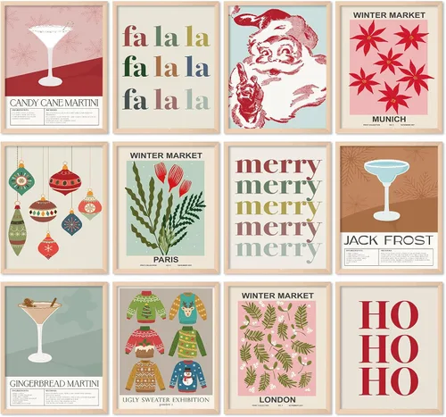 Whaline 12 impresiones artísticas de Navidad para pared, diseño de Papá Noel, cóctel, pósteres artísticos, vintage, decoración de pared estética,