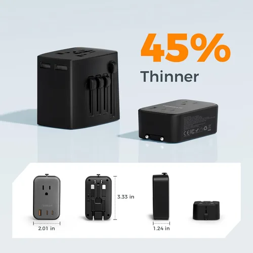 Miniatura 3 de TESSAN Adaptador de viaje 009, PD 20 W, adaptador de corriente universal 2 USB C 1 USB A, adaptador de enchufe internacional ultrafino, salida Negro