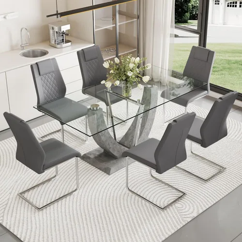 Juego de mesa de comedor de cristal para 6, juego de mesa de cocina de 7 piezas con 6 sillas, mesa de vidrio templado de 71 pulgadas con sillas