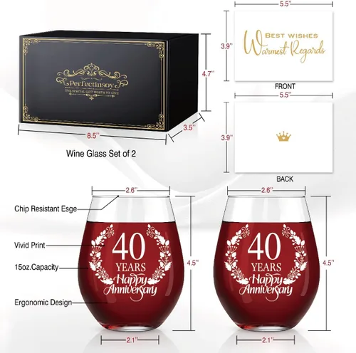 Miniatura 2 de Perfectinsoy Juego de 2 copas de vino de 40 años de feliz aniversario, regalo de boda para mamá, papá, esposa, alma gemela, pareja, divertido