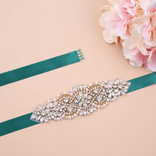 Miniatura 3 de Jovbridsea Cinturón de novia de cristal para vestido de boda, cinturones de vestido de novia con diamantes de imitación y perlas para mujer