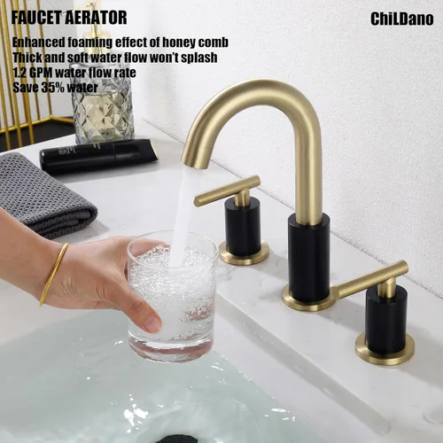 Miniatura 4 de ChiLDano Grifo de baño negro y dorado de 3 agujeros con desagüe emergente (con desbordamiento) y manguera de suministro, grifo de lavabo de baño