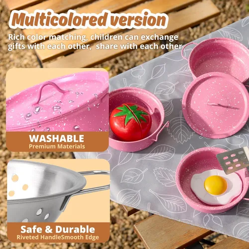 Miniatura 4 de Juego de accesorios para cocina de juguete para niños, juego de cocina para niños pequeños, ollas y sartenes de acero inoxidable coloridas, regalos