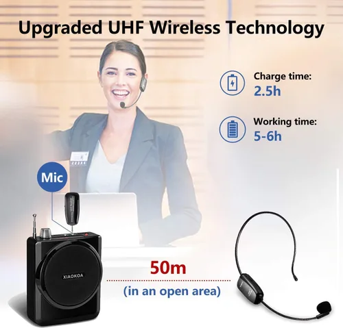 Miniatura 5 de Auriculares inalámbricos UHF con micrófono: Sistema de micrófono de cabeza inalámbrico, micrófonos con carga USB-C, rango de 164 pies
