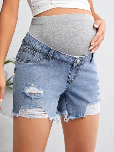 Miniatura 3 de Verdusa Pantalones cortos de mezclilla de maternidad para mujer, cintura alta, rasgados, dobladillo sin procesar, pantalones cortos de embarazo