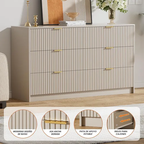 Miniatura 3 de Furniway Cómoda Beige para Dormitorio, Cómoda Moderna con 6 Cajones y Deslizadores Suaves, Cómoda Ancha con Manijas Doradas para Dormitorio, Sala
