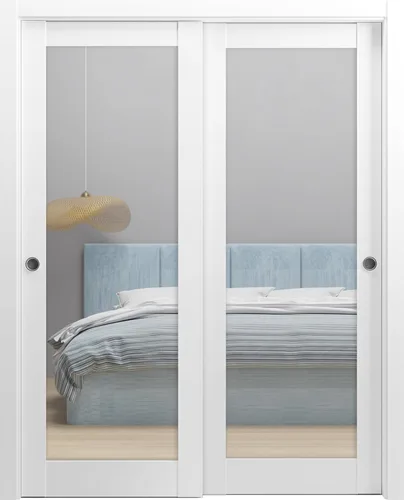 SARTODOORS Lucia 1299 - Puertas correderas de derivación para armario, 36 x 80 pulgadas, seda blanca con espejo, juego de herrajes para molduras de