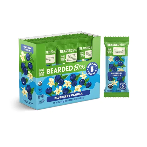 Bearded Brothers, Barras de Energía con Proteína Vegana Orgánica, Vainilla y Arándano (Paquete de 12) - Sin Gluten, Paleo, Fibra, Whole 30 | Snacks