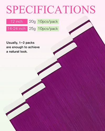 Miniatura 3 de YoungSee - Extensiones de cabello humano con cinta, extensiones de cabello color morado con cinta, 20g, extensiones de cabello teñido con cinta, 12
