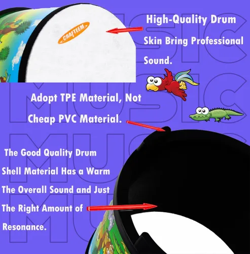 Miniatura 5 de Crafteem Floor Tom Drum para niños, instrumento de percusión de 8 pulgadas, tambor de música con 2 mazos y maracas de color para bebés, niños