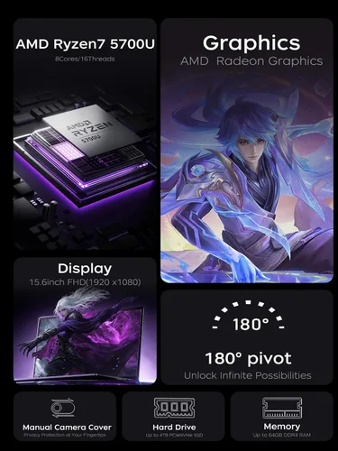 Miniatura 2 de KAIGERR Portátil para juegos, computadora portátil de 15.6 pulgadas con AMD Ryzen 7 5700U (8C/16T, hasta 4.3GHz), 16 GB de RAM 512 GB NVMe SSD