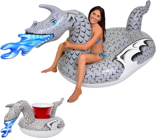 Miniatura 8 de GoFloats Flotadores inflables gigantes para piscina, elige unicornio, dragón, flamenco, cisne o toro, incluye flotador de bebida
