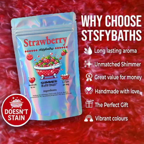 Miniatura 5 de Bomba de baño con brillo rojo en una bolsa - Bombas de baño hechas a mano con aroma a fresa para mujeres, niños y hombres - Bombas de baño en masa