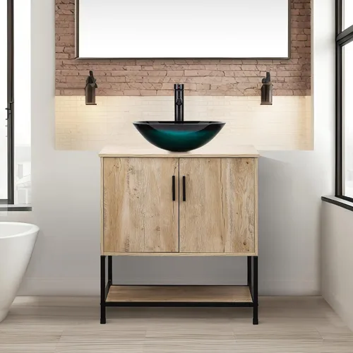 Miniatura 39 de UEV Tocador de Baño de Roble Rústico de 24" con Lavabo, Conjunto de Gabinete de Baño con Marco de Hierro Industrial con Puertas y Estante, con Combo