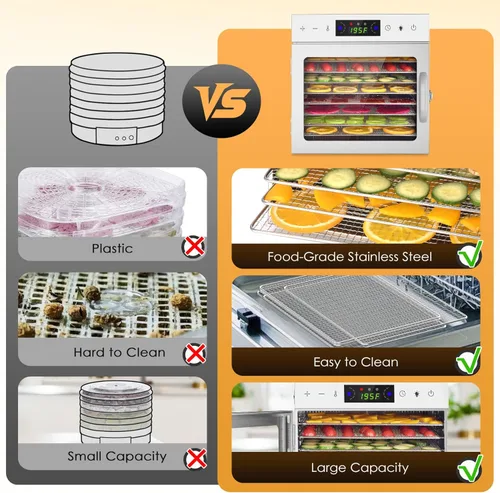 Miniatura 5 de HOPERAN Máquina deshidratadora de alimentos con 8 bandejas de acero inoxidable, temporizador digital y control de temperatura ajustable para cecina