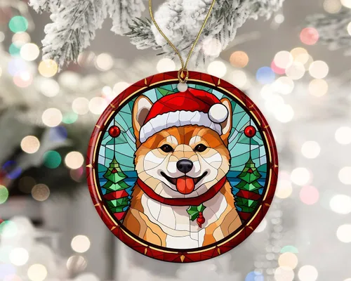 Miniatura 2 de Shiba Inu - Adorno de cerámica de vitrales de Navidad, decoración para colgar en el árbol, regalo religioso para perros para cristianos impreso