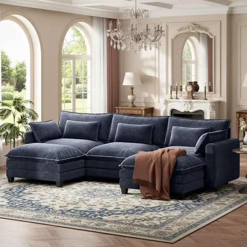 Marsail Sofá modular modular de 110.6 pulgadas en forma de U, moderno y cómodo sofá nube, sofá de felpilla de 5 asientos con almohada y otomana Azul