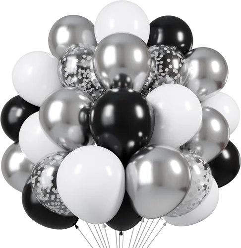 Globos negros y plateados, paquete de 60 globos de 12 pulgadas con confeti negro, blanco y plateado con 1 cinta para decoración de cumpleaños, baby