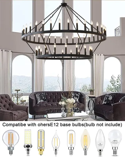 Miniatura 2 de Candelabro grande de 60 pulgadas de rueda de vagón negro, lámpara colgante redonda de 54 luces de 2 niveles estilo industrial de granja para porche
